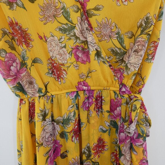 Band of Gypsies Mustard Floral High Low Flutter Sleeve V Neck Midi Dress Sz M - Picture 3 of 7